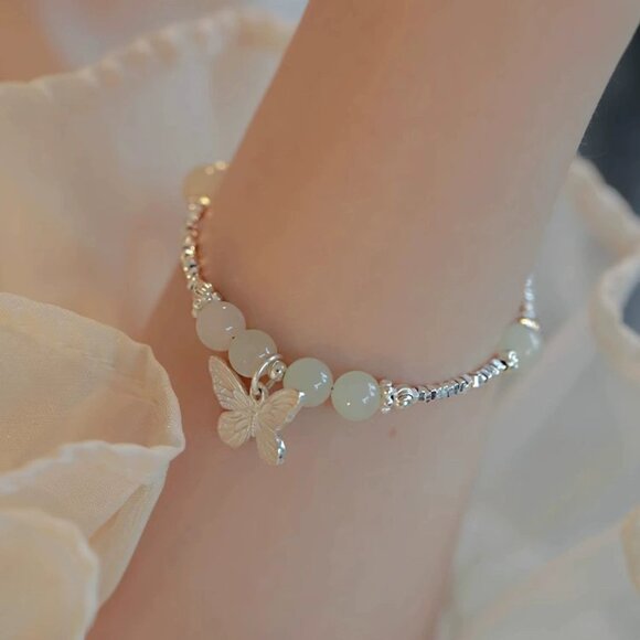Silver and White Beaded Butterfly Bracelet - Picture 1 of 4